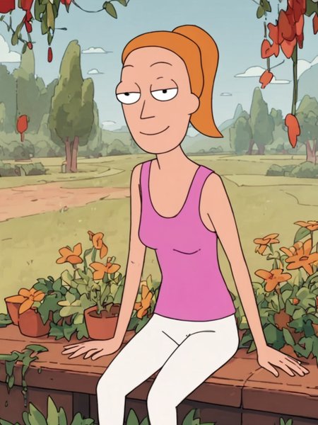 ,  looking at viewer, alien world,<lora:SummerPony1.0:1.0>,summer.smith, orange hair, 1girl, ponytail, solo, pink tank top, white pants, smile,sitting,  score_9, score_8_up, score_7_up, score_6_up