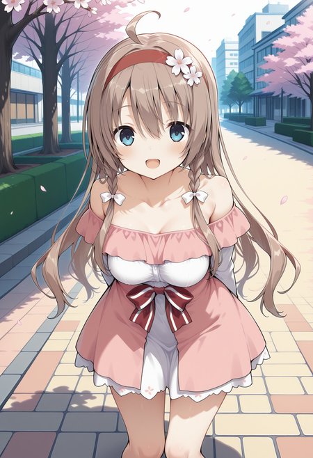 1girl, bbtsumugi, long hair, brown hair, ahoge, twin braids, white bow, red hairband, hair flower, blue eyes, breasts, collarbone, bare shoulders, white shirt, off-shoulder dress, pink dress, long sleeves, striped bow, red bow, white skirt, <lora:shiiba_tsumugi_ilxl_v1:0.9>, arms behind back, leaning forward, standing, outdoors, open mouth, cherry blossoms, smile, building, road,
masterpiece, best quality, amazing quality,