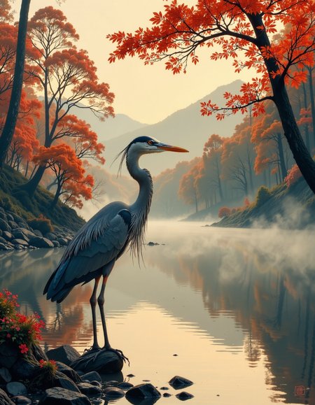 traditional Japanese art, henna and carmine, image of a Grey Heron, standing in shallow water at the edge of a misty woodland lake at dawn, orange, oscuro, ethereal...
<lora:flux.1_lora_flyway_Epic-detail_v2:0.55>, <lora:Illustration concept Variant 3A:0.55>, <lora:flux_abyss:0.45>, a hyperrealistic photo. <lora:VividlySurreal:0.45>,  <lora:Test:0.75> RefinedBeauty_DA, vantablack <lora:- Flux1 - vanta_black_V2.0:0.65>., Japanese traditional art style, delicate lines, subtle colors, intricate details, dynamic compositions, cultural heritage, adds elegance and sophistication
