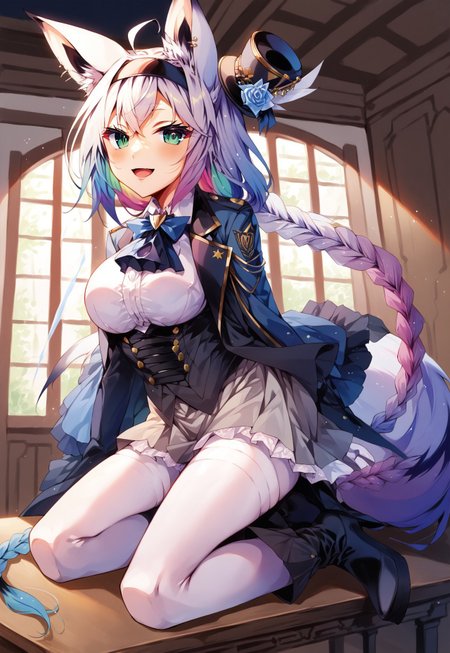 safe_pos, safe_pos, safe_pos, safe_pos, safe_pos, safe_pos, score_9, score_8_up, score_7_up, score_6_up, masterpiece, source_anime, high quality, perfect face, detailed eyes, perfecteyes, perfect balance, detailed face, perfect lighting, detailed background, uncensored, newest, absurdres, highres, very aesthetic, indoor, dining room, grand table, windows, night, 
uncensored, 
fubuki, white hair, single side braid, ahoge, piercing, fox tail,
fubuki_elegant, braided ponytail, blue coat, blue ascot, corset, collared shirt, grey skirt, frilled skirt, white pantyhose, white gloves, mini top hat, hairband, blue rose, white hair, piercing, fox tail,
 1girl, solo, open mouth, smile, large breasts, pleasured, full body, long legs, larger female, tall female, looking at viewer, long calves, long legs, thin thighs, tall_girl,long_legs, boots, long boots, lace-up boots, leather boots, heeled boots, sitting on table, half closed eyes, naughty face, multicolored hair, low angle