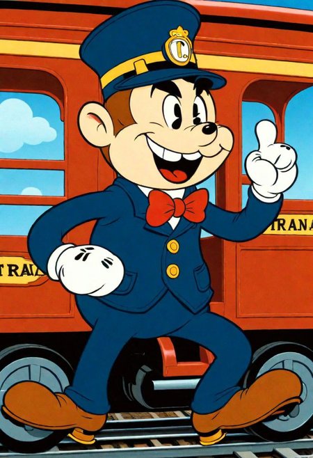 (rubber_hose_character:1.1) <lora:RubberHose_Characters_SDXL_v1:1.3>, cartoon, a train conductor, driving a train