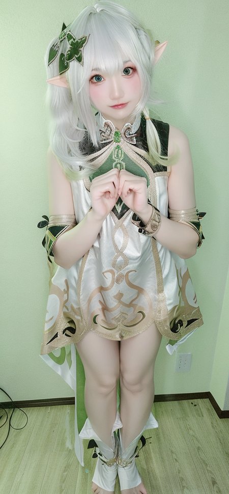 (photo realistic:1.35),(ulzzang-6500:0.65), masterpiece, best quality, detailed, pointy_ears, elf, 1girl, solo, hair_ornament, green_eyes, long_hair,bandages, stretched limb, the hand \(stand\), looking at viewer,