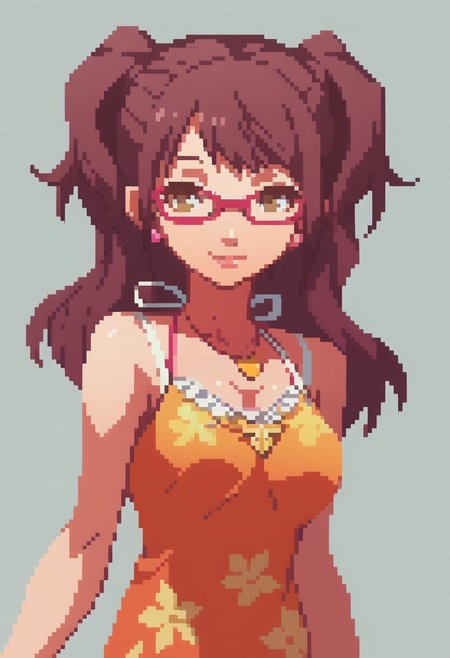 score_9, score_8_up,  detailed,    absurdres, extreme_quality,   anime style,     portrait, upper body portrait, slight side angle,  medium breasts, rpg portrait,  rpg, portrait,  , shadow, plain background, light grey background,  , upper body focus,   face focus, looking at viewer,  slight smile, p4rise, kujikawa, rise, twintails, long hair, brown hair, pink earrings, glasses, pink-framed eyewear, p4rise-sumcas, heart necklace, pendant, dress, short dress, orange dress, halterneck, spaghetti straps, flower print,