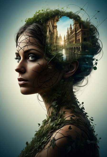 mysterious silhouette beautiful antique woman, (hanging gardens of babylon), goddess, alluring, by Minjae Lee, Carne Griffiths, Emily Kell, Steve McCurry, Geoffroy Thoorens, Aaron Horkey, Jordan Grimmer, Greg Rutkowski, amazing depth, double exposure, surreal, geometric patterns, intricately detailed, bokeh,  perfect balanced, deep fine borders, artistic photorealism , smooth,  great masterwork by head of prompt engineering   <lora:add-detail-xl:2>  <lora:Double_Exposure:0.5>