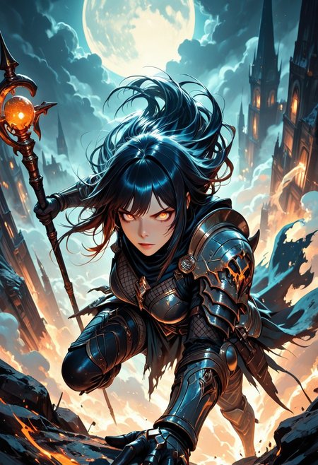 (masterpiece), (best quality), (8k),
11girl, beautiful, breasts, battle scarred, damaged armor, fishnets under armor, bangs, long hair, plated armour, holding staff, battle stance, dynamic angle, ancient fantasy city, battle-ready stance, dynamic pose, at night, moonlight, riding a nimbus cloud, nimbus, wukong theme, directional lighting, viewed from above,
beautiful eyes, detailed eyes, perfect eyes, orange eyes, beautiful eyes, looking at viewer, 
extreme foreshortening,