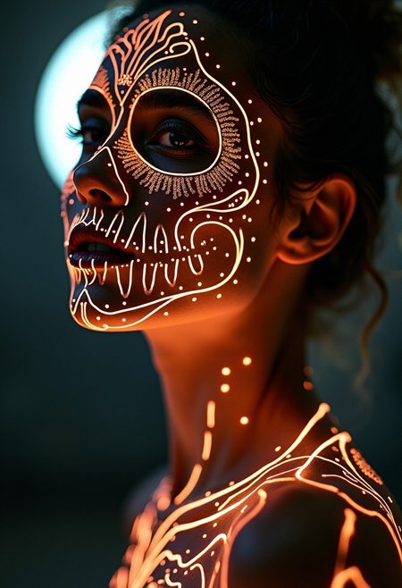 Glowing woman casting a warm light, giving the picture a luxurious shade, The image is a vibrant with intricate lines, the colour scheme is dominated by almost translucent white moonlight, 
 a human figure with face paint in the style of a skull in a clack circle intersected by several line, lean and agile, acrobatic, portraying the agility and strength of an athletic body, cinematic photography, highest quality, beyond the black rainbow into the dark portal,
 These designs include intricate patterns around her eyes