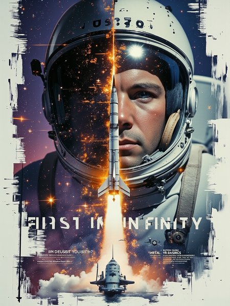 Modern art in double exposure style: close-up of the cosmonaut Yuri Gagarin in helmet  with detailed texture and the inscription 'USSR' on the visor. To the left of the helmet is a silhouette of the 'VOSTOK' missile, partially superimposed with it. Background: abstract space with gradient from dark-lightblue to purple, filled with stars and flashes of light. The inscription 'first in infinity' is stylized in the lower part of the composition, slightly blurred like a piece of cosmic smoke. Emphasis on the contrast of glossy helmet surfaces and matte texture of the missile. Color palette: cool shades with orange and gold flashes, simulating engine flares and cosmic abyss