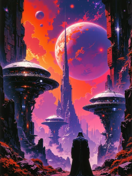 famous science fiction artwork, inspired by roger dean and stephan martiniere, absurdres, ultra-high-resolution, astounding and otherworldly, cinematic view, hyper-realistic and highly detailed digital masterwork painting of an alien spaceport with landing platforms and dome-shaped hangars, in the middle of an otherworldly jungle with a breathtaking galactic nebula in the night sky, a den of scum and villainy with an alien planet in the sky, details include a landing spaceship and bizarre alien flora surrounding the port, detailed back view of an alien bounty hunter gazing at the spacesport in the distance, tall cliffs, engine trails, cosmic energy, wine red and byzantium purple and sunset orange and ebony black, highly atmospheric, masterful use of light and shadow, grand composition, cinematic visual storytelling, ovg, artilands02, arsmoviestill, 80s fantasy movie still, <lora:style-fantastic_landscapes-v2-flux-by_artifyai:0.64> <lora:style-80s_fantasy_movie-v3-flux-by_arsmachina:0.44>