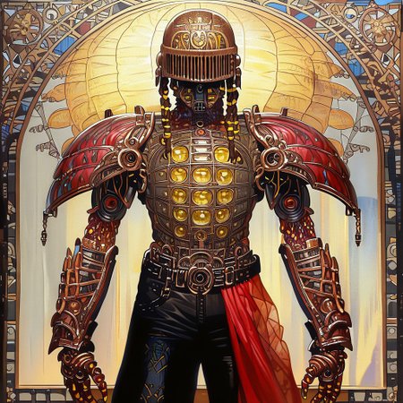 Bionic man, 1boy, looking at looking at viewer, Heavy  braids, yellow eyes || helmet, o-ring top, red sarong, black shorts, shoulder armor, monster man, 1boy, monster man, gradient, colored skin, solo, covered eyes,, ultra detailed, masterpiece, best quality, aesthetic, detailed,
ArsMJStyle, Art Nouveau