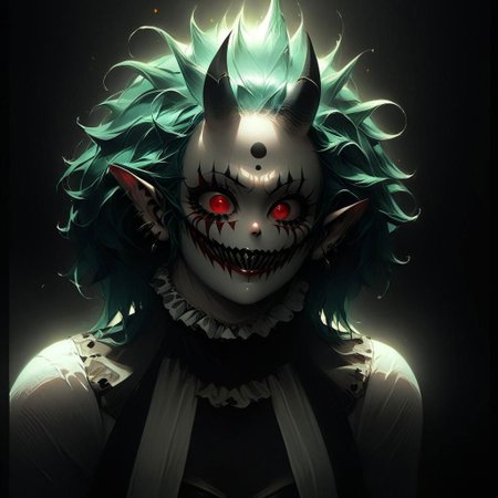 Clown demon, grotesque, horrifying, eerie, intricate, dark circus aesthetic, scarypunk, horrorcore, demoncore, masterpiece, anime style, spine chilling, hyperdetailed, photorealistic, dynamic lighting, inspired by pinterest art and nijijourney, niji style, best quality