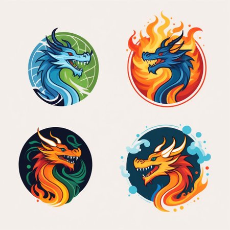 (stylized mascot logo,  vector art),  (four dragons representing the natural elements of  fire, water, air, earth), (solid colors, thick-linework), white outline, background of {circle|badge} on solid medium-tone color diagonal stripe backdrop,  HDR, UHD, vibrant, dynamic, (detailed:1.36)