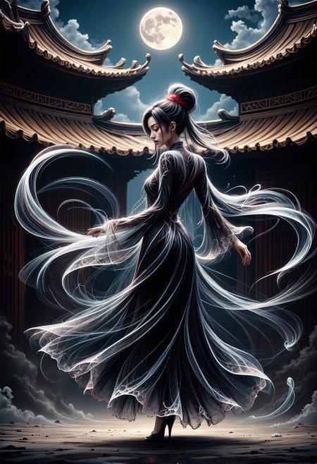 mad-wsps, xslx scribble, detailmaximizer. A half-body shot of a stunning young Asian woman, shown from the waist up as she dances under the full moon. Her long, flowing black dress swirls elegantly around her body, the fabric catching the moonlight and accented with small, intricate white embroidery along the edges of the sleeves and hem. Her deep black hair, styled in a traditional Chinese updo, flows in soft waves, with a delicate red shimmer visible as it catches the light. Behind her, the majestic, intricately carved rooftop of the ancient Chinese palace is clearly visible, with its traditional curves and ornate designs. The swirling mist surrounding the rooftop adds an air of mystery, while the moonlight bathes her figure, creating an ethereal glow., <lora:RealisticAnimeFlux_v2.safetensors:1.0:1.0> <lora:Wisps_of_Light_FLUX.safetensors:0.8:0.8> <lora:scribble-flux-v1.safetensors:1.0:1.0> <lora:aidmaImageUpgrader-FLUX-V0.1.safetensors:0.5:0.5>
