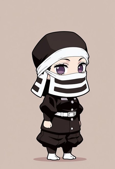 masterpiece, 1girl, solo, (chibi:1.2), (chibi only:1.2), big head, c-kakushi, black headwear, mouth mask, black uniform, white belt, black pants, tabi, zouri, full body, simple background, looking at viewer, purple eyes