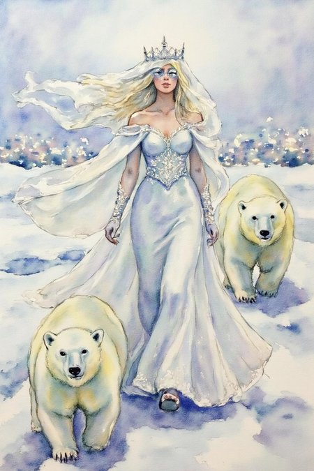 watercolor.
dulac1. A Snow Queen with an ethereal appearance. She is dressed in a flowing, long white gown that seems to shimmer, possibly made of a translucent fabric or lace, giving it a delicate, ethereal quality. Her hair and face are obscured by a delicate, sheer veil that extends to the ground, adding to her otherworldly aura. Two polar bears are walking besides her.  
 <lora:watercolor1_nbm_cap_d6a3e12:1.0><lora:838704794186202322:0>