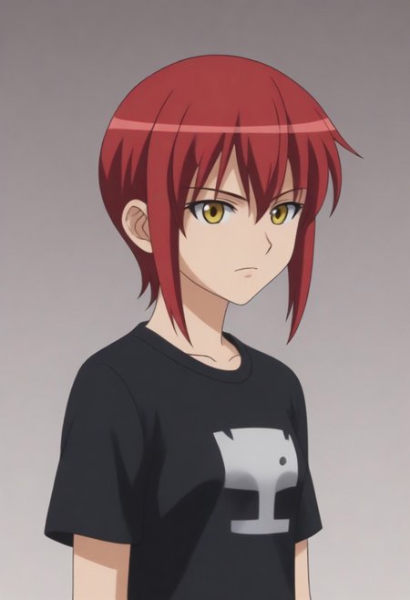source_anime, anime screencap, source_anime, auratheguillotine, anime screencap, masterpiece, source_anime, shiny skin,,,,,,black t-shirt,1girl, solo, rza, red hair, yellow eyes,