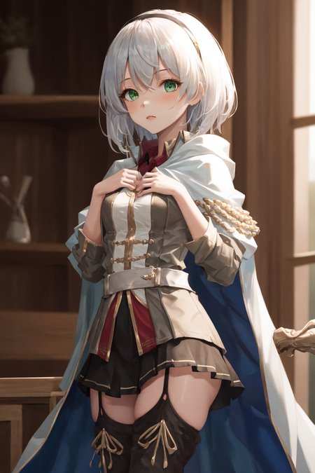 masterpiece, best quality, highres, 1girl amnesia green eyes short hair, white cape black skirt pleated skirt white jacket red shirt garter straps black thighhighs thigh boots <lora:amnesia:1> standing, (hand on own chest : 1.6)