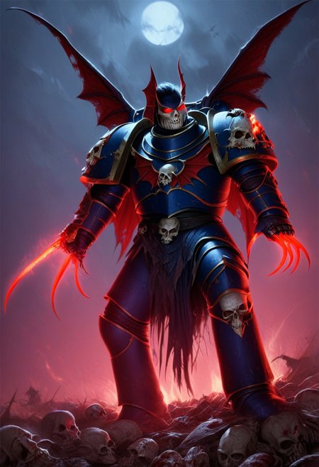 8K masterpiece, detailed, realistic, digital art, octane render, trending on artstation, horror theme, mono lighting, ((red lighting:1.2)), cowboy shot, tall stature, (night lord), battle aged, ((solo:1.5)), red glowing eyes, full armor, pauldron, (multiple bat_wings:1.2), winged helmet, blood, flame, skull, ((glowing claws:1.2)), claw (weapon), one-knee, death, dead bodies, carcass, <lora:Night Lords MK1 by CARAXES:0.65>