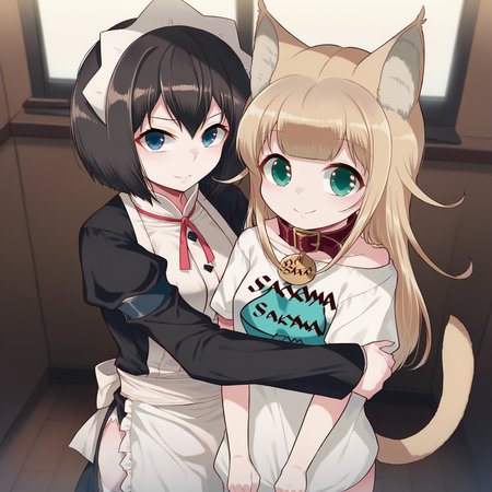 <lora:40hara_pony_v2:1> score_9, indoors, living room, curtains, window, backlighting, mother and daughter, source_anime, 2girls, hug, 
2girls, maid, legwear, stockings, black hair, black maid uniform, maid headdress, looking at viewer, thigh highs, ribbons, short hair, blue eyes, uniform, accessory, standing, hug
2girls, cat girl, cat tail, cat ears, solo, text on shirt, collar, blonde hair, topwear, looking at viewer, white shirt, teal eyes, inner ear fluff, clothed, green eyes, :3, smile, chibi, hug