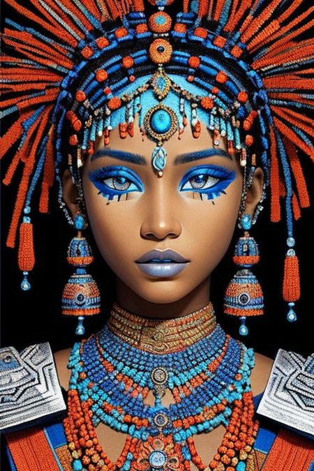 close-up photographic portrait of woman with strikingly vibrant blue-silver eyes. Supe shoulders showing. The face should, intricate, tribal-inspired art, patterns, reminiscent of beadwork and ceremonial embellishments, scheme, rich reds, oranges, blues --ar 2:3