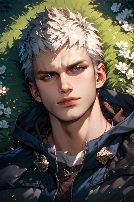 score_9, score_8_up, score_7_up, score_6_up
<lora:DMC5Nero:1.0>
DMC5Nero, 1boy, white hair, short hair, blue eyes, looking at viewer, lying, on back, on grass, from_above, romantic ambiance