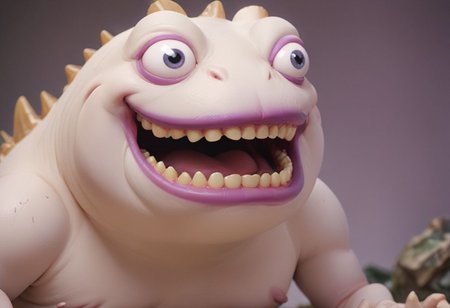 HD, Raytracing, cinematic, sense of scale, 1massive pepe_frog+chonkasaurus, albino, human teeth, skeletal, atmospheric, empty space, colours, blurry background, realistic, purple eyeballs, <lora:chonkasaurus-000003:1>