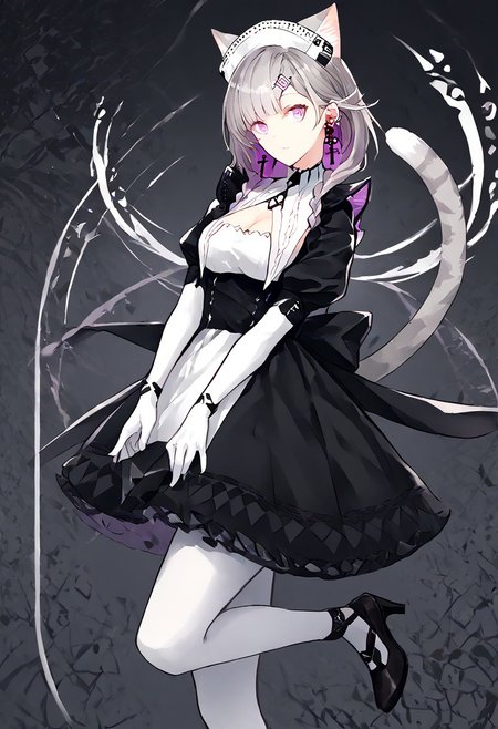 score_9, score_8_up, score_7_up, score_6_up, score_5_up, score_4_up, source_anime, 1girl, solo, 
KazemaruMAID, animal ears, grey hair, cat ears, cat tail, cat girl, extra ears, purple eyes, blunt bangs, maid, maid headdress, black dress, puffy sleeves, hairclip, cross earrings, twin braids, breasts, cleavage, earrings, elbow gloves, jewelry, white gloves, white pantyhose, high heels, black footwear, 
masterpiece, best quality, very aesthetic, absurdres,