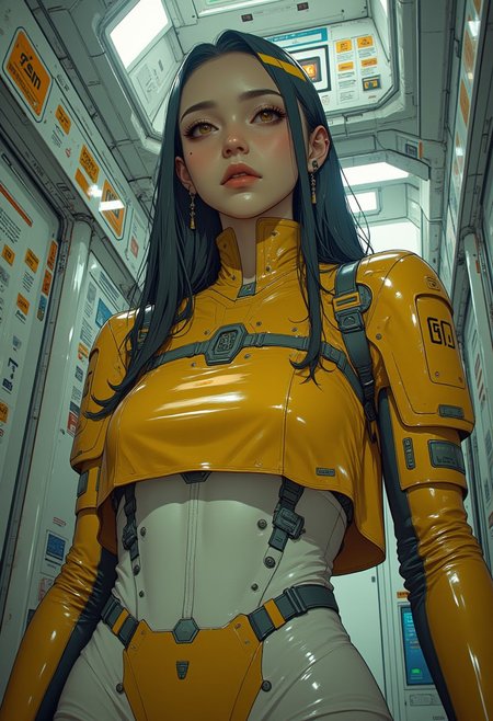 score_9, score_8_up, score_7_up, score_6_up, cyberpunk, anime, action shot,
score_9, score_8_up, score_8, Expressiveh, easynegative, ng_deepnegative_v1_75t, Expressiveh, <lora:The_spacecraft:1>, 
lowangleview-3000, focus on face (extremely detailed), dynamic poses, 
1girl in narrow passageway of a spacecraft (1 sexy 20yo girl, face (detailed, gorgeous, perfect, flawless, stunning), perfect face, gorgeous body, flawless, bodysuit (gold, sci-fi), eyes (light golden eyes), hair (long, straight, black hair with gold streaks), very thin body, black lips, small breasts.  innocent, small body, cute girl, blush, very beautiful, medium breasts, thigh gap), 
(tentacles: 0.0), 
{vore, worm vore: 0.0),