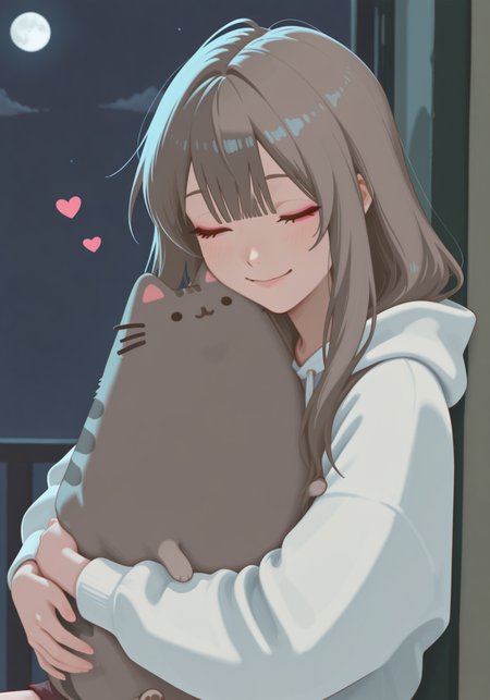 embedding:IllusP0s, g00se, angled bangs, long hair, eyeliner, eyelashes, baggie hoodie, hugging Pusheen, hug, 1girl, solo, loving, smile, night,<lora:PusheenIXL.safetensors:1.0:1.0> <lora:g00se_v2_ill.safetensors:1:1>