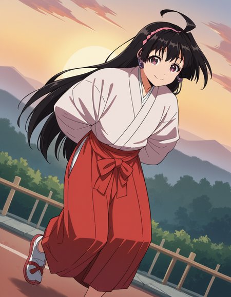 score_9, score_8_up, score_7_up, source_anime, <lora:ayako-mochizuki-s1-ponyxl-lora-nochekaiser:1>, ayako mochizuki, long hair, black hair, purple eyes, ahoge, hairband,, skirt, japanese clothes, hakama, miko, red hakama,, suburban neighborhood, morning jog, earphones, running shoes, fresh air, sunrise, smile, looking at viewer, hands behind back, bent over,, solo,, cowboy shot, dutch angle