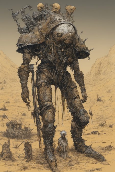 John Blanche Style - a creature from Dune, post apocalyptic, punk, in a wasteland, in the style of Katsuya Terada