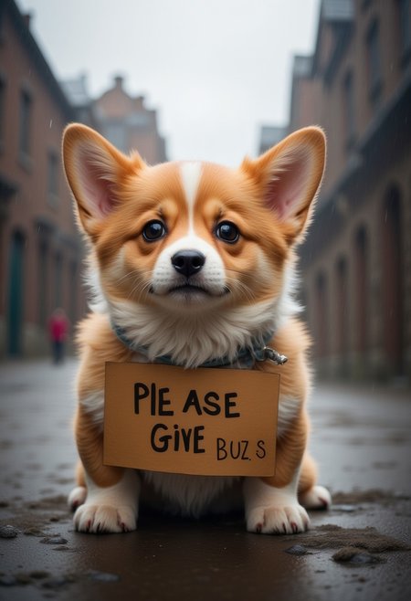 a very cute corgi puppy  with watery eyes, lost in a small very village , This very cute little puppy holds a sign, with "Please Give Buzz" written on the sign, only one sign,
sad expression, perfect masterpiece, watery eyes, raining, puddle, mud,
<lora:Add_More_details_Flux:1>