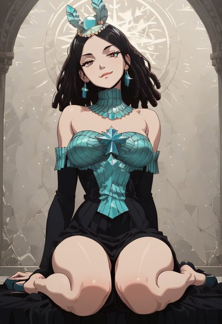 <lora:add-detail-xl:1.3>, score_9, score_8_up, score_7_up, score_6_up, score_5_up, score_4_up, rating_expilcit, 16K UHD, masterpiece, highest quality, rating_explicit, 1girl, solo, slimes_amaryllis, black hair, undressing, sexy posing, flirting, tits popping out, medium breasts, bare shoulders, bare legs, sitting, g0thicPXL, sexy pose, seductive smile, horny, biting lips, Expressiveh, dynamic angle, dynamic pose, (cartoon), afrobullstyle, vivid colors, colorfull, full body shot, negative_hand