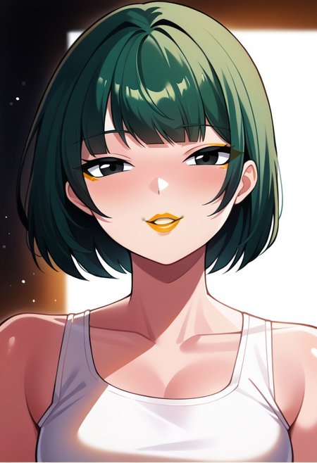 score_9, score_8_up, score_7_up, score_6_up, solo RAW photo, Bo Wei Style, source_anime, lineart, volumetric lighting, natural, close up shot, bokeh, (Masterpiece, Best Quality, Highres:1.2), best quality, absurdres, Cinematic Lighting,
BREAK 
<('1girl': ('young'+'green hair'+'carefree'+'bob cut'+'bangs'+'white tank top'+'eyeliner'+black eyes+'orange lipstick'),
((korean))))>,
