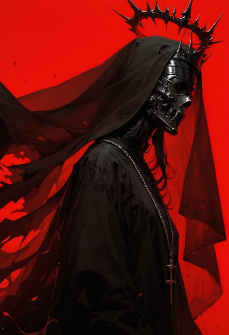 (score_9, score_8_up), score_7_up, zPDXL, 1girl, robe, black mouth mask, looking at viewer, long black hair, red halo, red theme, monochrome,, veil, hood, blindfold, nun, crown, unholy, dark and chaotic, catholic, greyscale, monochrome, spot color, jewelry, glowing, from side  <lora:GRIM_v1:0.9> <lora:BioPunky:0.3>