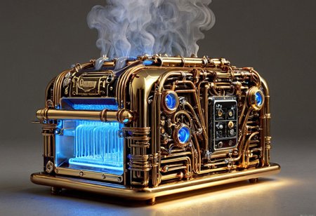 a raw photograph of a steam punk toaster in qu4ntum style, covered in brass pipes and silver wires and glowing gold circuits, blue glowing display,  hyperrealistic,masterpiece,magazine advertisement