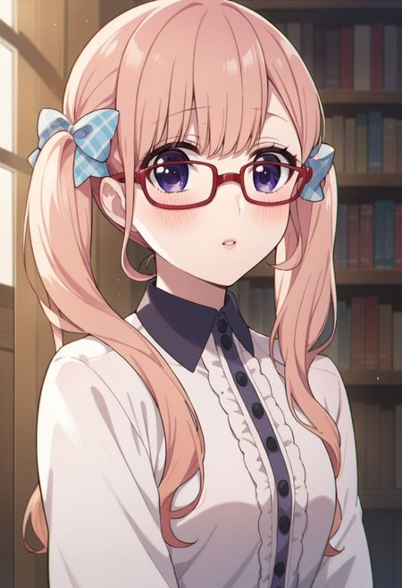 score_9, score_8_up, score_7_up, source_anime,ririna sanada, 1girl, solo, long hair, looking at viewer, blush, shirt, bow, twintails, purple eyes, pink hair, hair bow, parted lips, indoors, red-framed eyewear, bookshelf