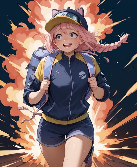 score_9, score_8_up, score_7_up, score_6_up, 1girl, solo, 
<lora:steam_delivery:1>, SDG, hat, shorts, jacket, shirt, backpack, braid, running, sweat, wide hips, parkour, open mouth, nervous smile, teeth, explosion, @ @, uneven eyes,