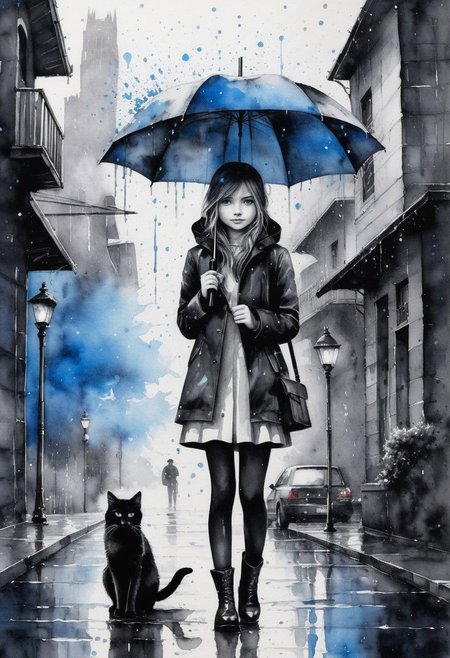 black and white watercolor painting of a girl holding an umbrella over a cat in the rain, cityscape background, heavy rain, bright blue eyes, beautiful, a lot of ink splatter, realistic, insanely detailed, watercolor, ink splatter, black and white, watercolor art