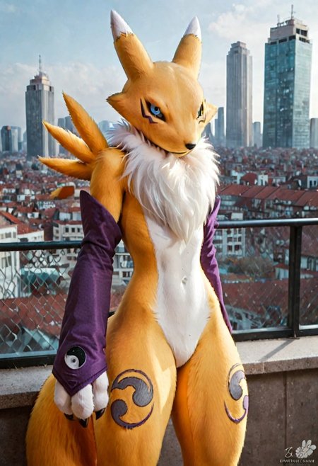 score_9, score_8_up, score_7_up, score_6_up, score_5_up, score_4_up, BREAK, solo, 1girl, renamon, anthro, furry, furry female, furry body, detailed fur, realistic fur, yellow fur, blue eyes, black sclera, flat chest, thin waist, slender waist, thick thighs, huge thighs, (tail:1.5), dipstick tail, mostly nude, purple bridal gauntlets, no nipples, featureless crotch, action pose, dynamic pose, sexy pose, arched back, city rooftop, photorealistic, hyperrealism, photography, real life