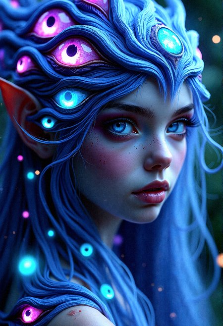an ultra-realistic portrait of a young mystical entity with detailed skin, detailed skin pores, long, flowing hair-like tendrils embedded with numerous eyes glowing in shades of blue, purple, and pink. Her own eyes, large and reflective, should mirror the colors of the embedded eyes, and her facial expression should convey a serene, cosmic awareness. The tendrils should have a smooth, flowing texture, with seamless color transitions that create a wave-like movement around her face and shoulders. Each eye should be photorealistically detailed, with soft light reflections that enhance the eerie yet captivating quality of the image. The background should be a subtle gradient, giving the impression that she is suspended in a dreamlike, infinite space. Shadows and highlights should be used to add depth and enhance the surreal, otherworldly atmosphere.Soft blue and green glows scattered around, hinting at bioluminescent plants.

