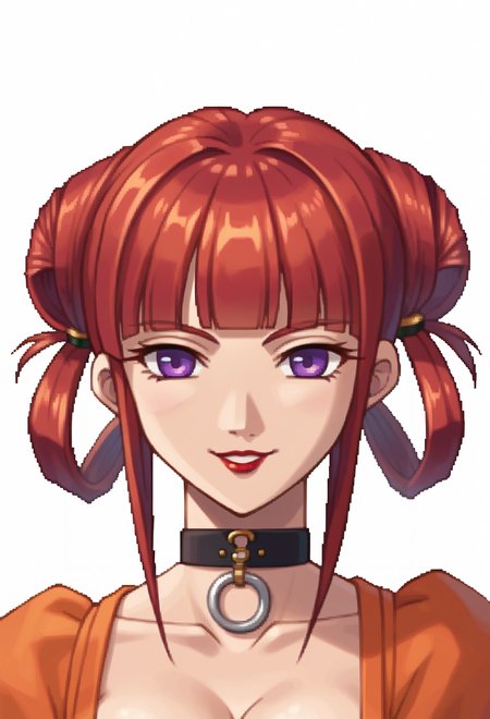 score_9, score_7_up, source_anime, BREAK <lora:zs_SkyPortraitsXL:1> skyportraits, portrait, white background, choker, cleavage,, seductive smile, red lips, 1girl, purple eyes, red hair, blunt bangs, low hair rings, medium breasts,