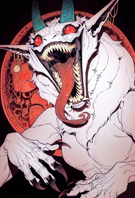 (ireading:0.8), (yanje:0.8),  Synx, solo, open mouth, red eyes, jewelry, earrings, teeth, tongue, pointy ears, tongue out, no humans, glowing, sharp teeth, claws, monster, long tongue, horror (theme)
, futuristic, BREAK, , absolutely eye-catching,,masterpiece, high score, great score, absurdres, (eda:0.3), (mika pikazo:0.3), 4ur4_illu
