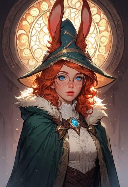 Stable_Yogis_PDXL_Positives, (score_9, score_8_up, score_7_up), ((face focus, eye focus, dynamic angle, motion)), 1girl, solo, fantasy, Tarot Card Style, aurora (league of legends), (blue eyes, rabbit ears, rabbit tail, round eyewear, green cloak, fur trim), sexy witch costume, witch hat, lace, cape, breathless intimacy, tanned skin, petite model bombshell, heart, young, delicate features, narrow pointy nose, tiny nose, lust, big eyes, seductive eyes, blue eyes, detailed skin, flared lashes, mascara, makeup, perky medium breasts, athletic body, narrow waist, skinny hips,
warm light, detailed, neon dark party
 BREAK
milky way, runes, arcane, astral, surreal, ethereal glow, masterpiece, best quality, intricate design. colorful, moonlit nightsky, stained glass aesthetic, moody whimsical color palette, murano glass, bold soldering lines, volumetric light shining through, crepuscular rays, intricate craftsmanship, detailed texture, luminous transparency, reflective light play, vivid hues, atmospheric depth, enchanting silhouette, art nouveau,