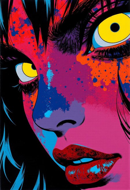 A screen-filling pop-art surreal close-up of a voluptuous gothic knightess's face, constructed from four chaotic stencil layers that align to reveal her haunting beauty. Each layer contains fragmented elements: strands of ink-like hair, spiked mask outlines, glowing eye sockets, cracked metallic skin, dark lipstick bleeding into black shadows. When combined, they form a hyper-detailed, seductive face — her expression unreadable, eyes glowing with lust and malice, mouth slightly open as if whispering a curse. Her features are sharp and stylized, with desaturated tones contrasted by sharp flashes of toxic magenta, pale blue, and rust-red. Her face appears both divine and monstrous, framed by graphic lines and corrupted textures, like a forgotten panel from a cursed comic book. The atmosphere is oppressive and erotic, crafted to disturb and mesmerize the viewer with raw visual tension..sref3840648xx5391, vibrant digital painting, ethereal, surreal style of bright, clashing colors