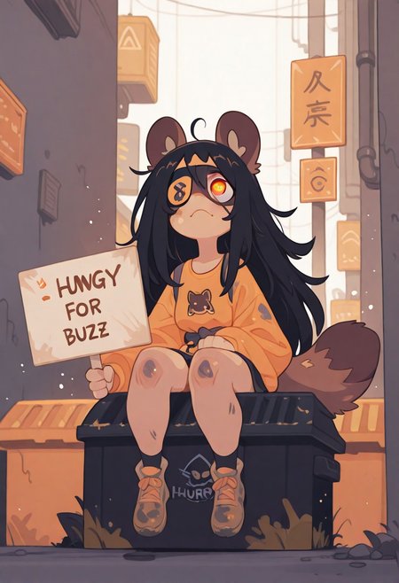Woman. Demihuman raccoon. Black messy long hair. Amber eyes. Eyepatch over left eye. Raccoon ears and tail. Dirty. Alleway background. Sitting in a dumpster. Old clothes. Alley background. (holding sign saying "Hungry for BUZZ")