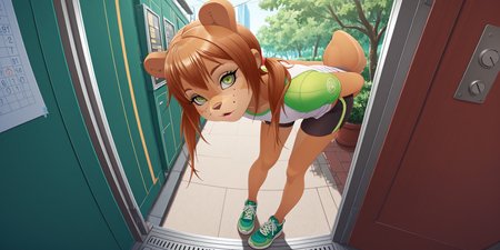 1 girl (Rocketgirl, 1girl, solo, animal ears, furry female, tail, brown hair, long hair, green eyes, bangs,freckles, brown fur,full body, sidelocks, twintails, two-tone fur, long eyelashes, curious expression, standing, bent over, looking at POV, workout clothes (green and gold elements), tight shirt)  <lora:Rocketgirl_v01_ILXL:1>, photorealistic, highest quality, cinematic lighting, absurdres, masterpiece, best quality, very aesthetic, absurdres,  <lora:Beautiful Detailed Eyes:1> <lora:pony_good_hands:1>, park setting, arms behind back, from the side, head tilt, score_9, score_8_up, score_7_up, score_6_up, score_5_up, score_4_up,