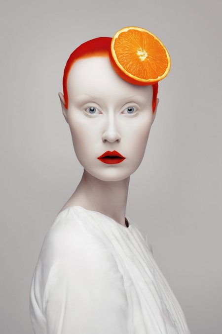 <lora:Photographer Flora Borsi Style:1>Photographer Flora Borsi Style - a woman with an orange on her head and a white dress with red lipstick