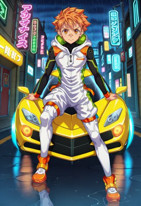 masterpiece, best quality, , anime screencap, , , looking at viewer, , 1boy, solo, male focus, <lora:jirou_camp_buddy_ilxl:0.92>, jirou_camp_buddy, orange hair, orange eyes, bandaid on nose, cyberpunk street, neon signs, hovercars, rain puddles, walking pose, alert expression, night, romper,