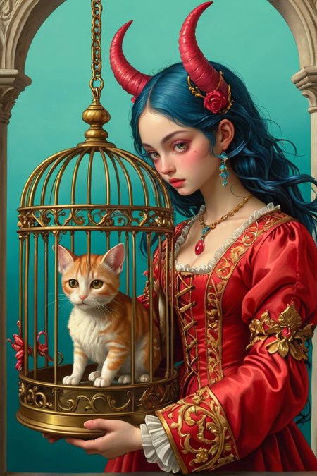 landscape,"Hyper realistic devil holding a person in a cage, intricate, elegant, highly detailed, digital painting, artstation, concept art, sharp focus, illustration, colorful, vibrante colors, art by Greg rutkowski", zPDXL2, Art painting by Rumiko Takahashi and Sakimi Chan , ,, 
<lora:extremely_detailed:1> extremely detailed,
<lora:add-detail-xl:1.2>,
 <lora:tbh76-sdxl:0.15> Style of Mark Ryden,
 <lora:tbh117-sdxl:0.15> style of Sandro Botticelli, 
<lora:Wild_Anime_2025:0.7>,, Magic realism painting art style, surreal compositions, vibrant colors, blurs the line between reality and fantasy, Baroque art style, dynamic composition, dramatic lighting, rich colors, intricate details, professional-grade execution, captures the grandeur and theatricality of the Baroque period, oil painting art style from Renaissance period, masterful composition, Renaissance mood, renaissance oil painting, brush strokes