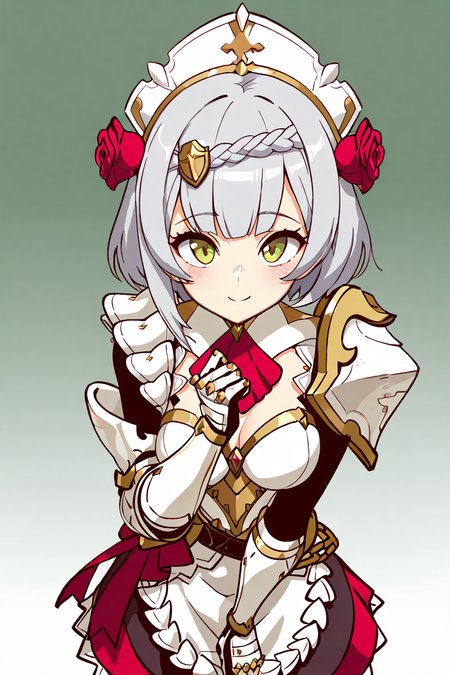 masterpiece, best quality, 1girl, solo, 21 year old model, eyelashes, (beautiful eyes),  zzNoelle, green eyes, grey hair, hair flower, hair ornament, short hair, white hair, braid,  maid headdress, armor, red rose, maid, gauntlets, shoulder armor, ,<lora:NoelleGenshinIXL:1.0>,   from above, dynamic pose, cowboy shot, smile, looking at viewer, shiny skin,<lora:DiivesIXL:1.0>,